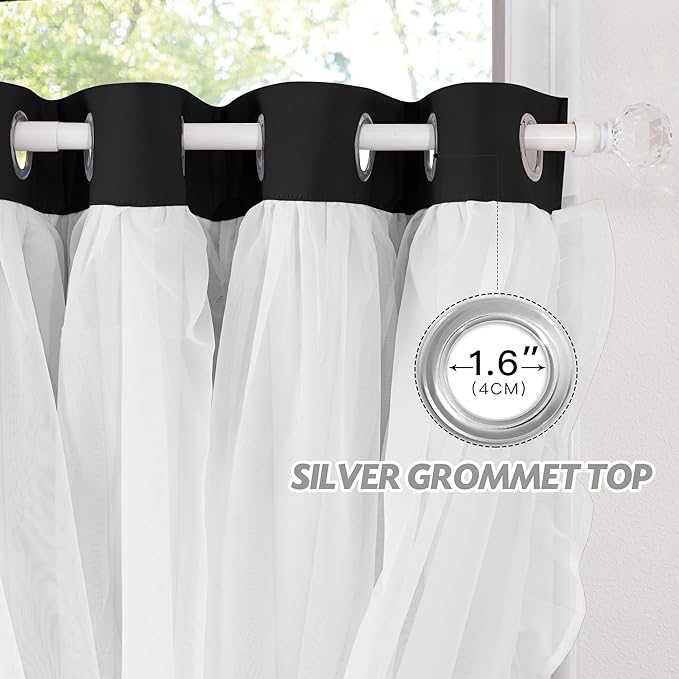 PONY DANCE Girls Curtains for Bedroom Decorative Drapes for Kids Double Layer Curtain Ruffle Sheer Overlay Room Darkening Pretty Chic Princess, 52x84 inch, Black, 2 PCs