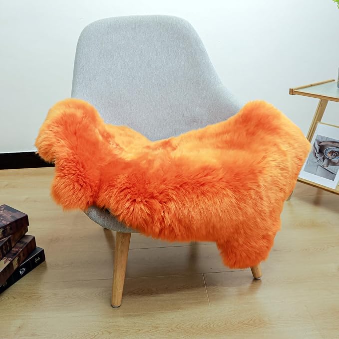 AOGELAN Orange Premium Genuine Sheepskin Rug, Genuine Sheepskin Natural Lambskin Shaggy Fur Area Rug for Kids Bedroom Sofa Chair Seat Cover Pets Dogs Mat Single Pelt/2FT*3FT
