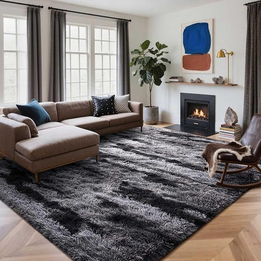 9x12 Ft Extra Large Shag Rugs for Living Room, Ultra Soft Fluffy Furry Area Rugs for Bedroom Indoor Floor, Aesthetic Carpet for Kids Home Decor (Black)
