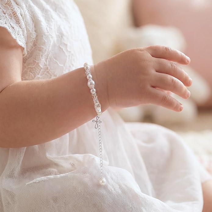 NORBU S925 Cross Bracelet for Girls, Sterling Silver Baby Baptism Cross Pearl Bracelet with Keepsake Box, Baptism Gifts for Girls, First Communion Baby Dedication Gifts for Newborn Catholic Easter Christening Gift