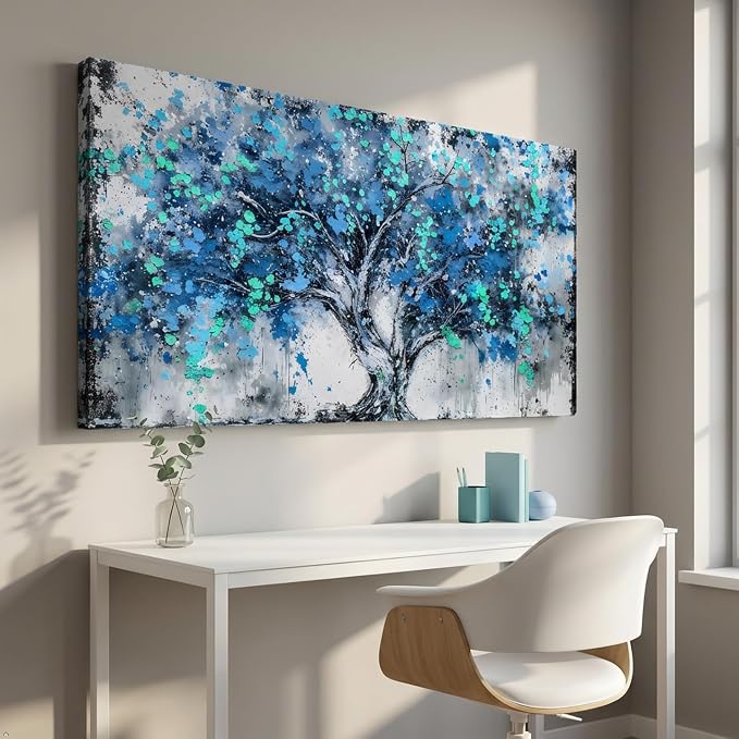 Tree Wall Art Teal Blue Nature Tree of Life Abstract Canvas Painting Textured Picture, Modern Landscape Artwork Framed for Living Room Bedroom Bathroom Office Home Decor 58x28in