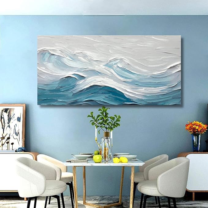 TRAIN2 ART Abstract Wall Art for Living Room Blue and White Ocean Paintings Wall Decor Modern 3D Textured Canvas Wall Art Large Artwork for Living Room Bedroom Office 24"x48"