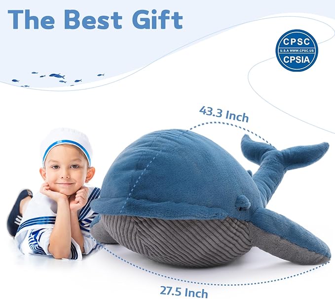 MaoGoLan 43 inch Stuffed Whale Big Plush Pillow Blue Whale 4ft Humpback Toy for Kids Girls Pregnant Women Adults, Ocean Sealife Lovers Gifts for Valentine's Day Christmas Birthday