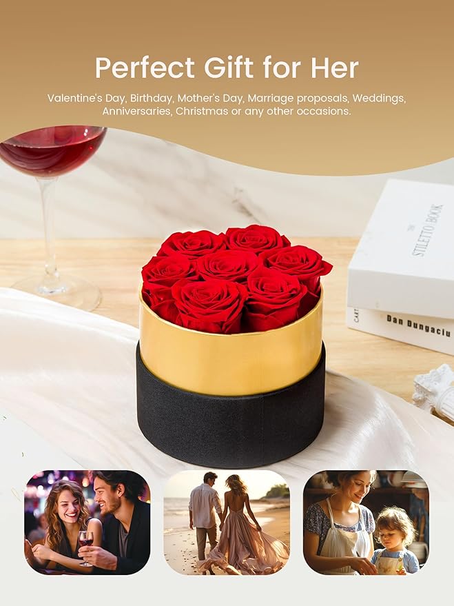 Beaulasting Long Lasting Preserved Roses in a Box Last a Year Forever Flowers for Her Mom Wife Anniversary Birthday (Round Black and Gold Box, Red)