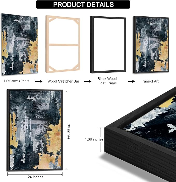 Large Framed Abstract Wall Art - Natural Frame Retro Canvas Pictures for Living Room Modern Canvas Prints Navy Blue for Bedroom, Black Float Frame Art for Home Office Kitchen Decor 24" X 36" X 3pcs
