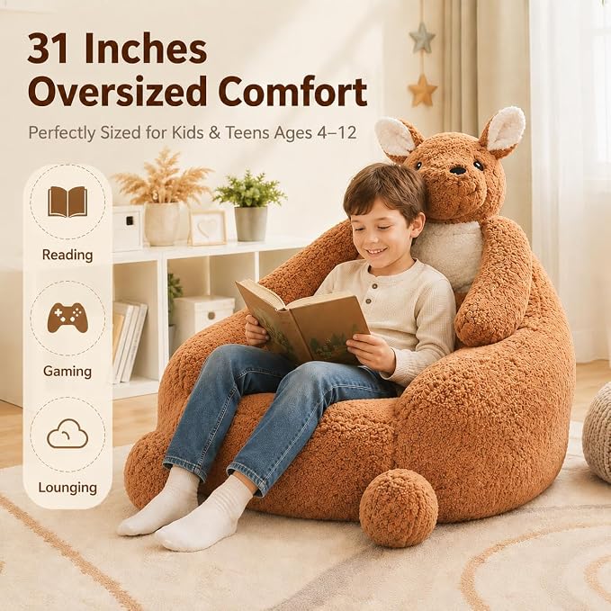 31 Inhces Memory Foam Bean Bag Chair - Ultra Soft Faux Rabbit Fur Sofa with Handle & Machine Washable Cover, Comfy Lazy Chair for Kids Teens, Perfect for Reading Gaming in Living Room Bedroom，Brown