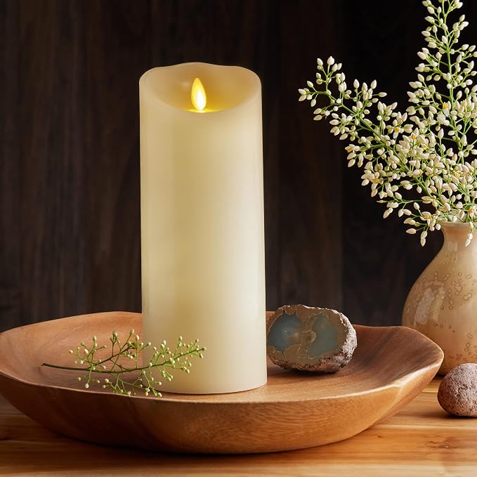 Luminara Scalloped Edge Flameless LED Candle - Ivory 4" x 9" - Real Wax Pillar Battery Operated Moving Flame w/Timer Unscented 1000Hr Runtime