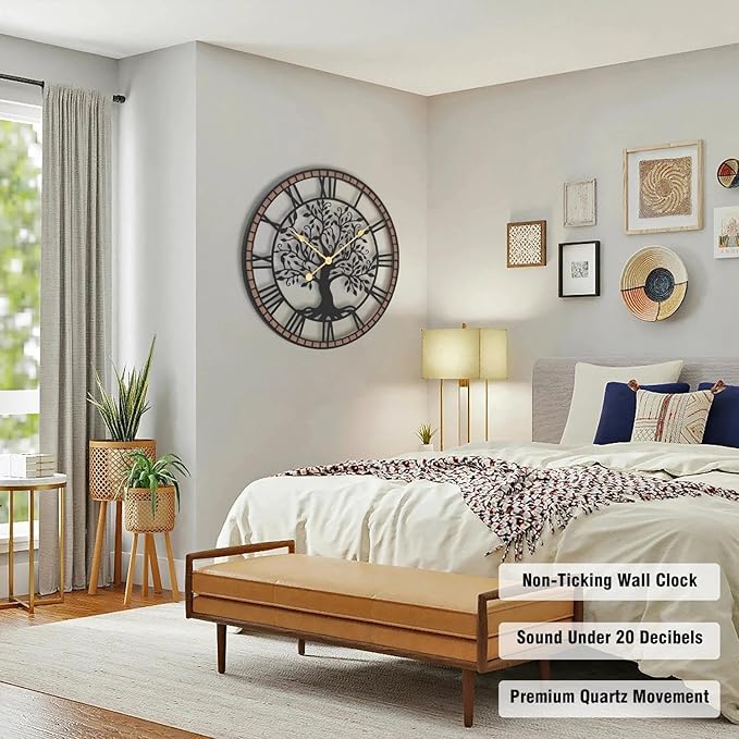 Micasso Rustic Oversize Wall Clock: 35Inch Farmhouse Tree of Life Metal with Wood Frame - Vintage Battery Operated Wall Clocks for Bedroom/Fireplace/High-Ceiling - Home Decor for Interior Designers