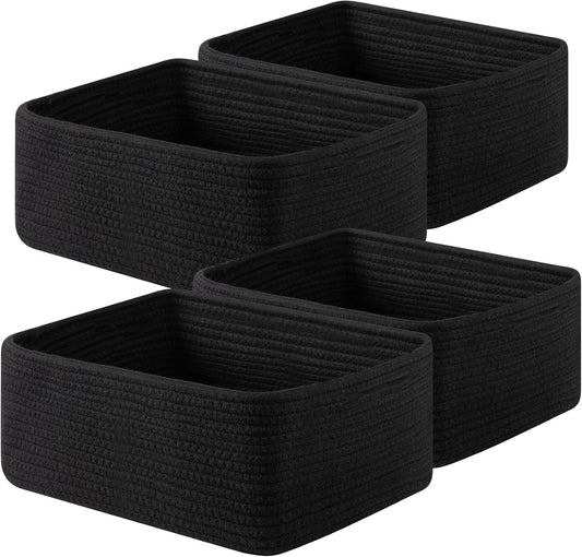 OIAHOMY 4 Pack 14.17*11.02*6.3IN Storage Baskets for Organizing Shelves, Woven Rope Baskets for Organizing Books, Clothes, Decorative Basket for Living Room, Nursery, Bedroom, Gift Basket, Black
