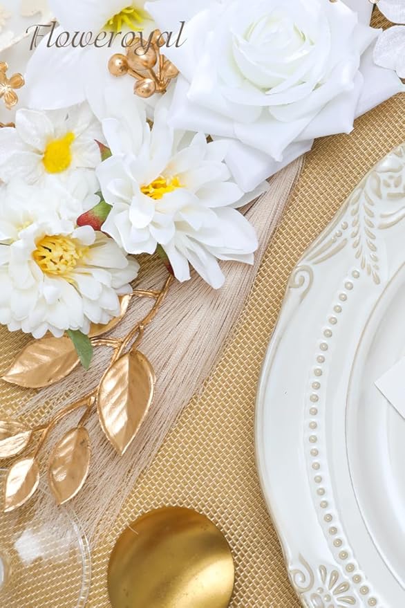 Floweroyal Artificial Flowers Combo Pure White Flowers Mix Silk Flowers Fake Roses with Stems for DIY Wedding Bridal Bouquets, Baby Shower, Floral Arrangement, Table Centerpieces, Home Decorations.