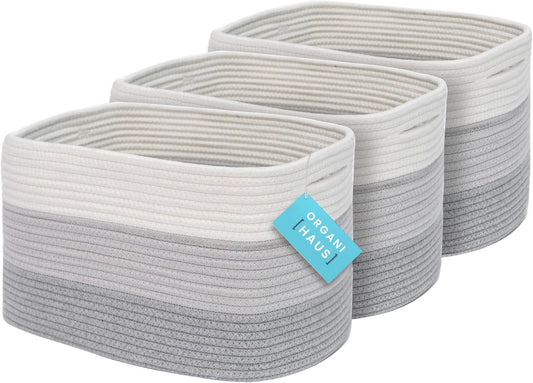 OrganiHaus Set of 3 Woven Storage Baskets for Organizing, Cotton Rope Organizer Bins for Shelves, Closet & Nursery, Dog Toy Basket, Decorative Bins for Toys, Towels & Books - 15x10x9, Grey