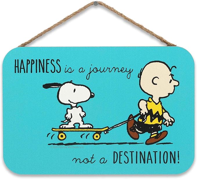 Peanuts Charlie Brown and Snoopy Happiness is a Journey Hanging Wood Wall Decor - Cute Snoopy Sign for Home, Office or Classroom