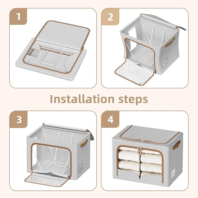 FHSQX 6 Pack Clothes Storage Bins, 40L,Light Grey, 16.5x12.2x12.2 inch | Metal Frame, Portable, Large Clear Window, Stackable, Durable Handles, Foldable