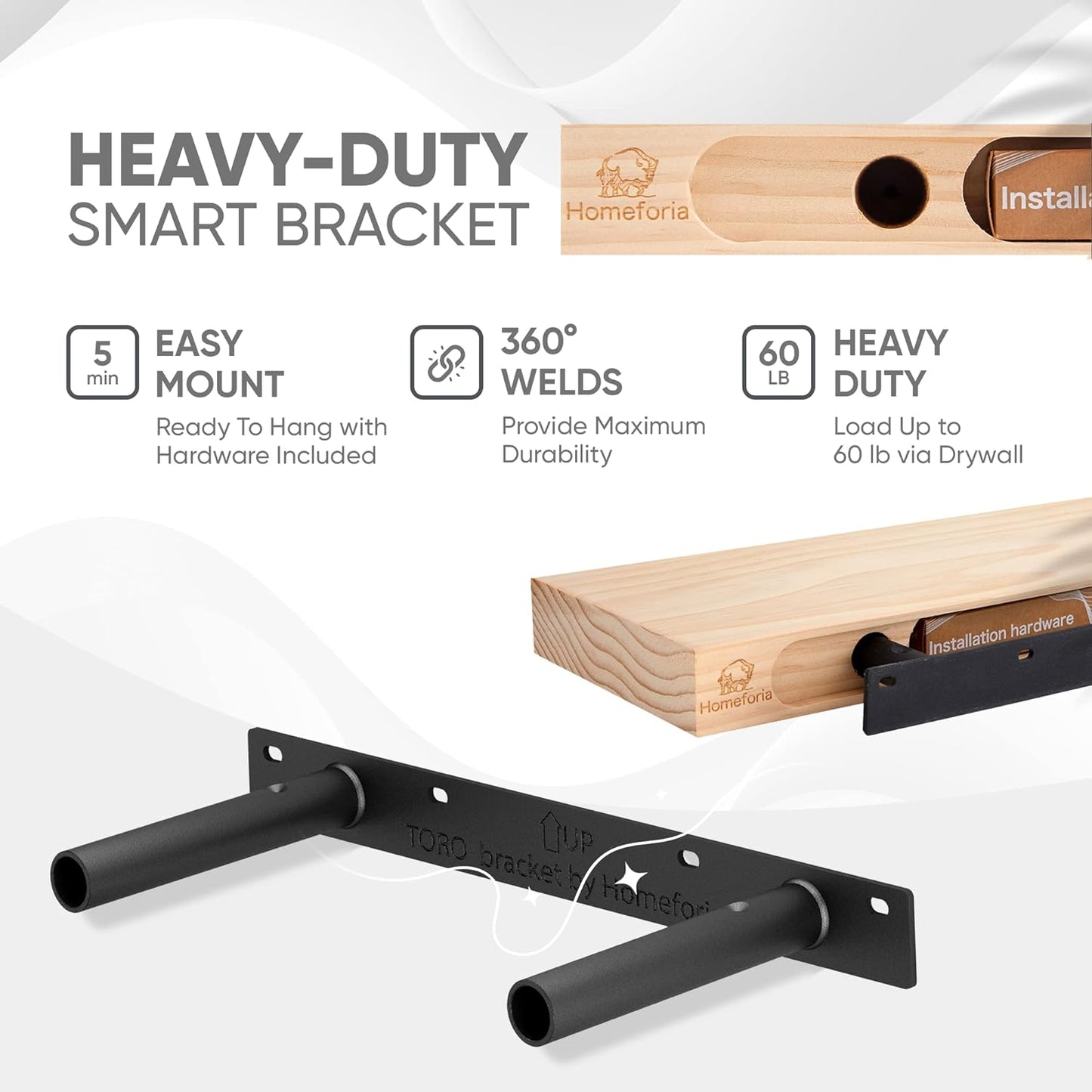 Homeforia White Floating Shelf 18 inch, High End Solid Real Wood 18inch Bathroom Floating Shelves for Wall Mounted, White Wooden 18in Floating Shelves, Heavy Duty Bracket, 18 X 6.5 X 1.75 in, Set of 2