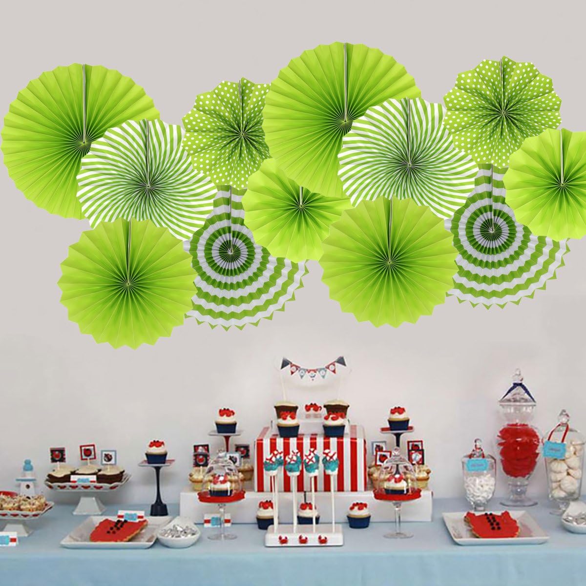 ADLKGG Party Hanging Paper Fans Set, Green Round Pattern Paper Garlands Decoration for Birthday Wedding Graduation Events Accessories, Set of 6