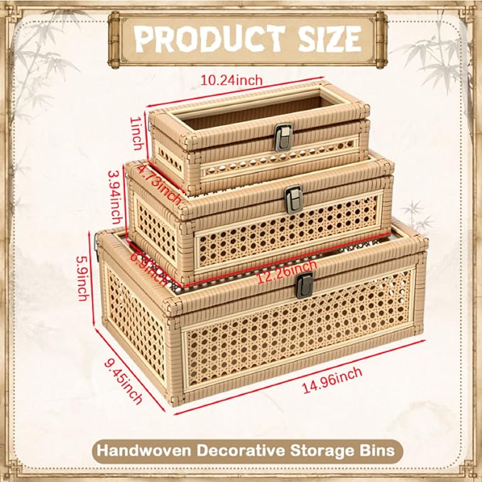 Yalikop 3 Pcs Large Rattan Display Box with Glass Lid Set, Handwoven Boho Rectangular Storage Box, Memory Wicker Jewelry Boxes, Natural Decorative Bin, Multipurpose Shelf Baskets for Home Organization