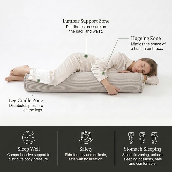 Long Round Body Pillow for Adults – Corduroy Cervical Roll Bolster Pillow, Firm Support for Spine Alignment & Side Sleeping,59 x 7.87 Inches,Beige Gray