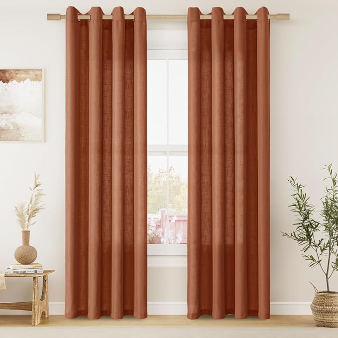 Terracotta Linen Curtains 84 Inch Length 2 Panels Set for Living Dining Room Grommet Light Filtering Semi Sheer Drapes Boho Farmhouse Rustic Rust Colored Window Curtains 84 Inches Long for Bedroom
