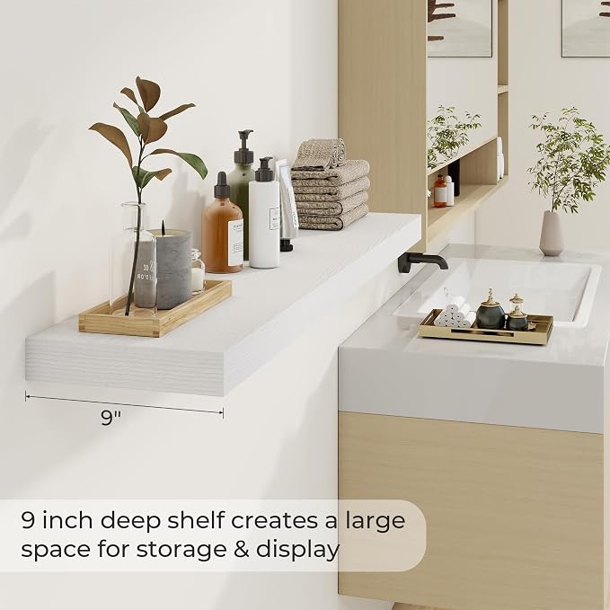 Dreamland 48Inch White Floating Shelves 9.3" Deep Wall Mounted Set of 2 | Wall shelves for bathroom, bedroom, kitchen, deep wall mount wood storage display for home decor 48" x 9.3"