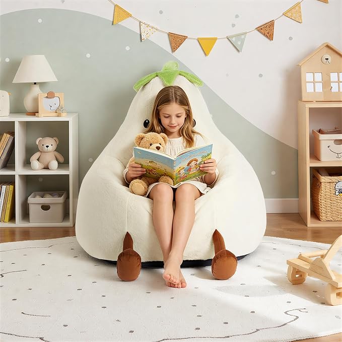 2FT Memory Foam Bean Bag Chair - Ultra Soft Faux Rabbit Fur Round Sofa with Handle & Machine Washable Cover, Comfy Lazy Chair for Kids Teens, Perfect for Reading Gaming in Living Room Bedroom，Beige