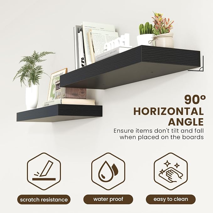 FLYJOE Deep Floating Shelves | 40 Inch Black Floating Shelves Set of 2 | 12 Inch Deep Wood Wall Shelves | 40" W x 12" D Black Shelves for Bathroom Living Room Kitchen Laundry Room