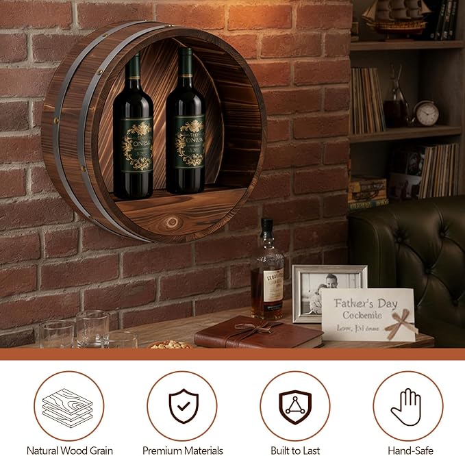 Colingmill 17.7 x 5.9 in Whiskey Barrel Shelf Rustic Wall Mounted Bourbon Wooden Floating Hand Wine Rack Oak Barrel Wine Bottle Holder Display Stand Vintage Bar Home Decor(Dark Brown)