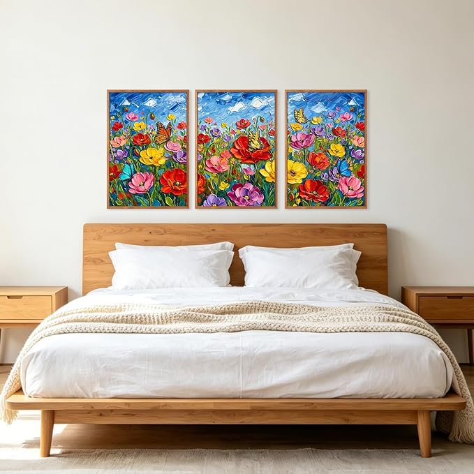 CHDITB 3D Textured Impasto Floral Poppy Framed Canvas Wall Art Set,Modern Butterfly Wildflower Country Wall Decor,Vibrant Colorful Spring Flower Art Prints for Living Room Bedroom Farmhouse 16"x24"x3