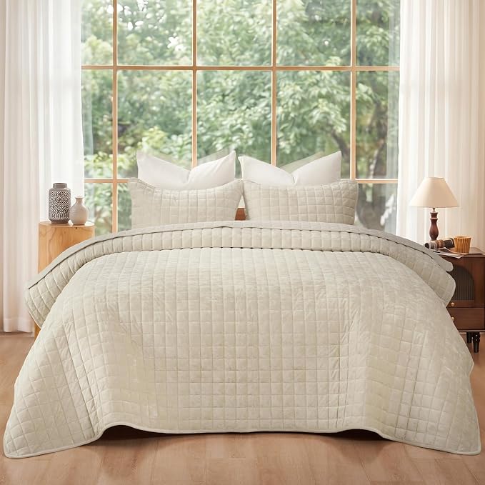 PHF Luxurious Velvet Quilt Set Queen Size – 3PCS Super Soft Quilted Comforter Alternative with Square-Box Quilt Pattern, Warm Quilted Bedspread Coverlet, 90" x 92", Sand