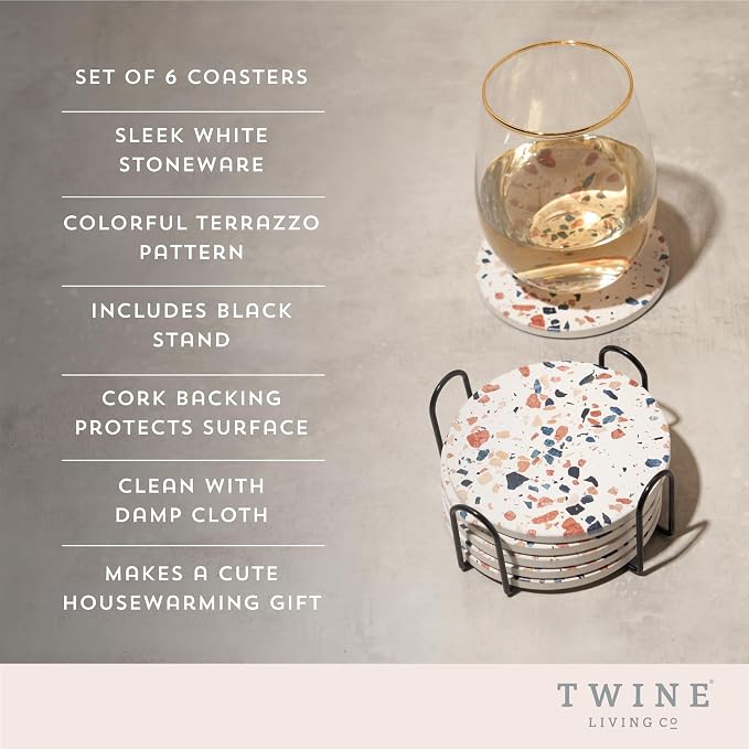 Twine Terrazzo Coasters, Stoneware Coaster Set, White Coasters with Stand, Coffee Table Decor, Set of 6, Multicolor