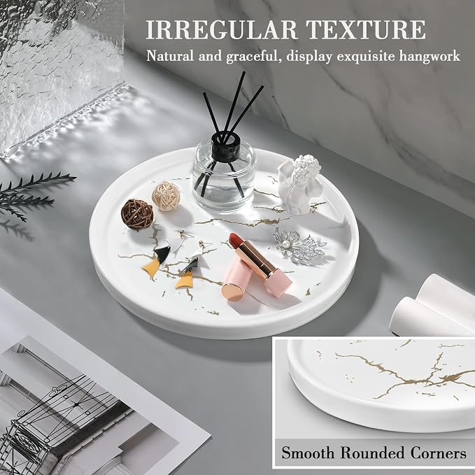 White Round Marble Bathroom Sink Vanity Tray, Coffee Table Stone Tray, Soap Dish for Kitchen Counter (White, 8 in)