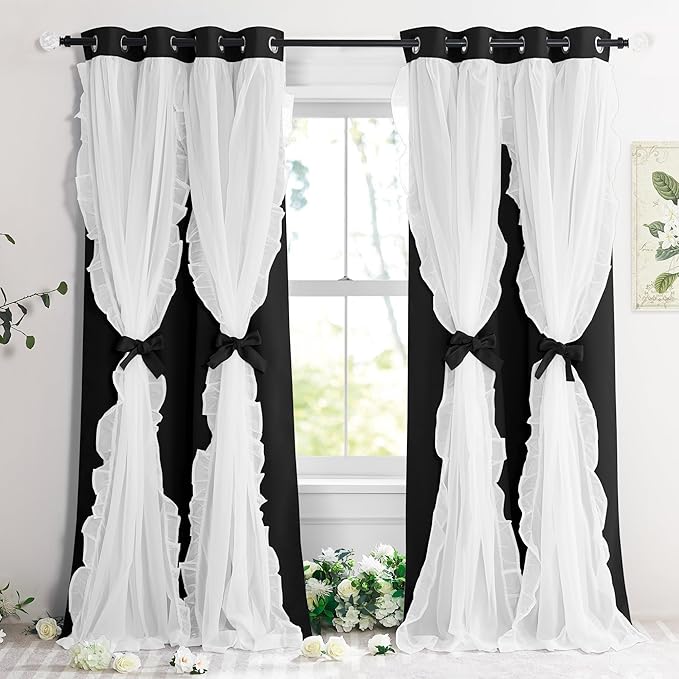 PONY DANCE Girls Curtains for Bedroom Decorative Drapes for Kids Double Layer Curtain Ruffle Sheer Overlay Room Darkening Pretty Chic Princess, 52x84 inch, Black, 2 PCs