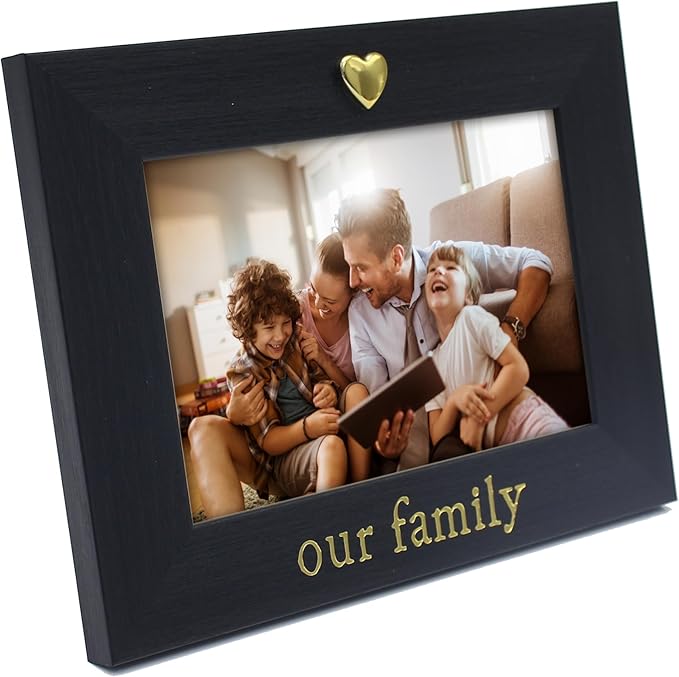 MIMOSA MOMENTS "Our Family Black 4x6 Picture Frame with Gold Heart Ornament, Tabletop Display, Family Photo Frame for Home Decor, Gift for Housewarming, Christmas, Home Keepsake