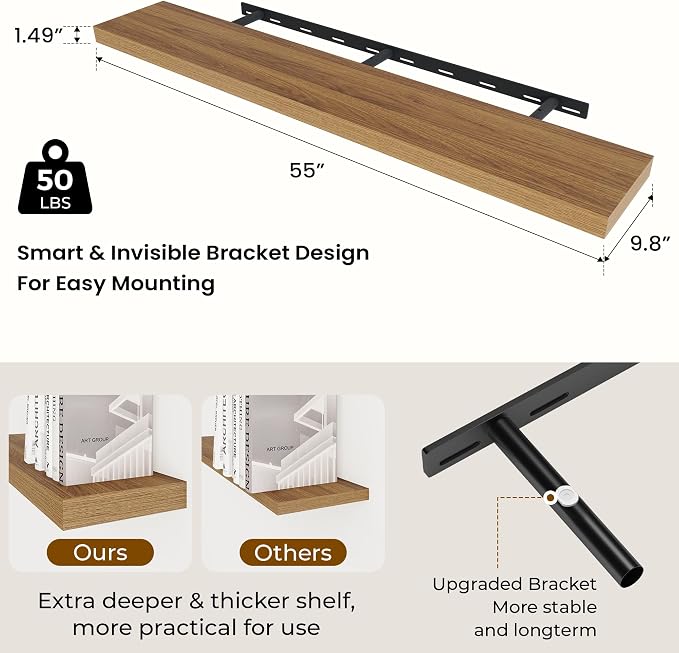 Dreamland 55Inch Walnut Floating Shelves 9.8" Deep Wall Mounted Set of 2 | Wall shelves for bathroom, bedroom, Living Room, kitchen, deep wall mount wood storage display for home decor 55" x 9.8"