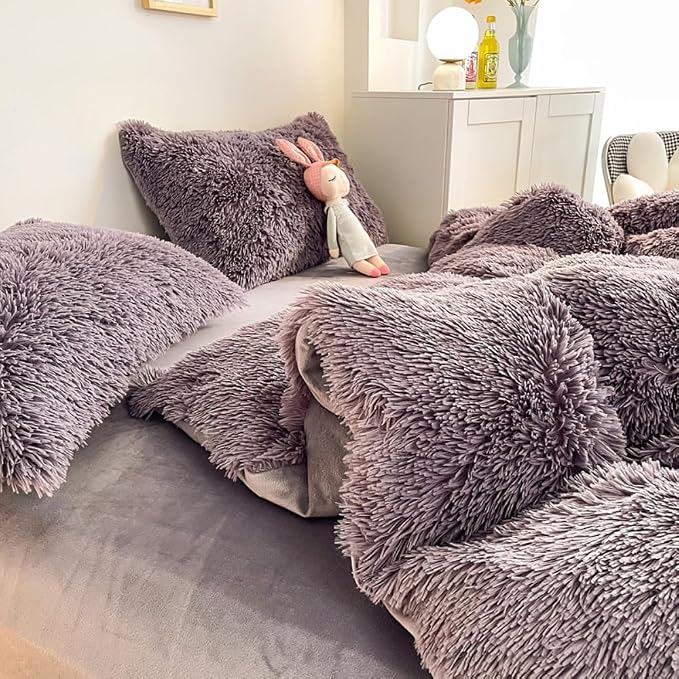 chovy Faux Fur Plush Purple Comforter Sets Twin/Full Size - Ultra Soft Shaggy Flannel Velvet Fluffy Fuzzy 3PC Bedding Set (Comforter x 1 Pillowcases x 2)