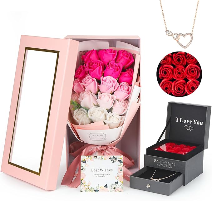Rose Bouquet Rosas Eternas Preserved Rose Bouquet 18 Flower Bouquet with Beautiful Love Necklace, Unique Gift for Birthday, Valentine's Day, Mother's Day, Thanksgiving, Christmas, Anniversary