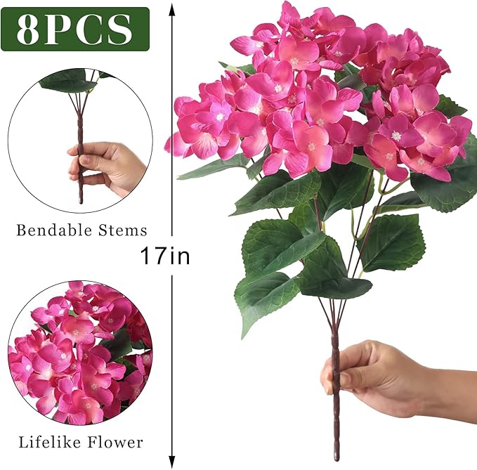 FOTEEWL 8 Bundles Artificial Hydrangea Flowers for Outdoor Decor, Realistic Faux Silk Bouquets Sun-Resistant Fake Plants for Front Door Balcony Farmhouse Garden Home Spring Summer Decor (Rose Red)