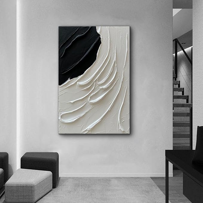 Creespi Large Hand Painted Black and White Thick Textured Wall Art 30x45 inch,Modern Minimalist Abstract Oil Painting On Canvas for Wall Decoration