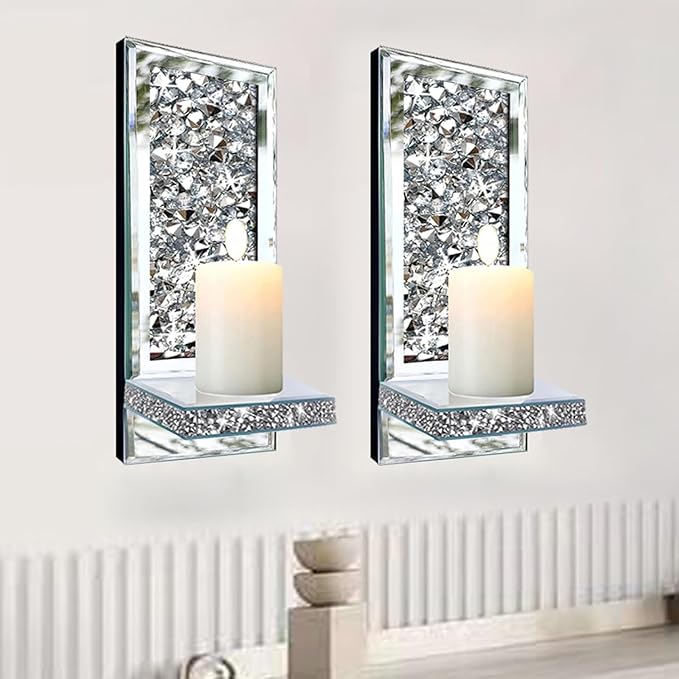 ZOLAPI Set of 2 Crystal Crush Diamond Candle Sconces, Gorgeous Silver Mirrored Wall Sconce, Candle Holder Glass Wall Decorations for Home Décor, Living Room, Dining Room. 1A