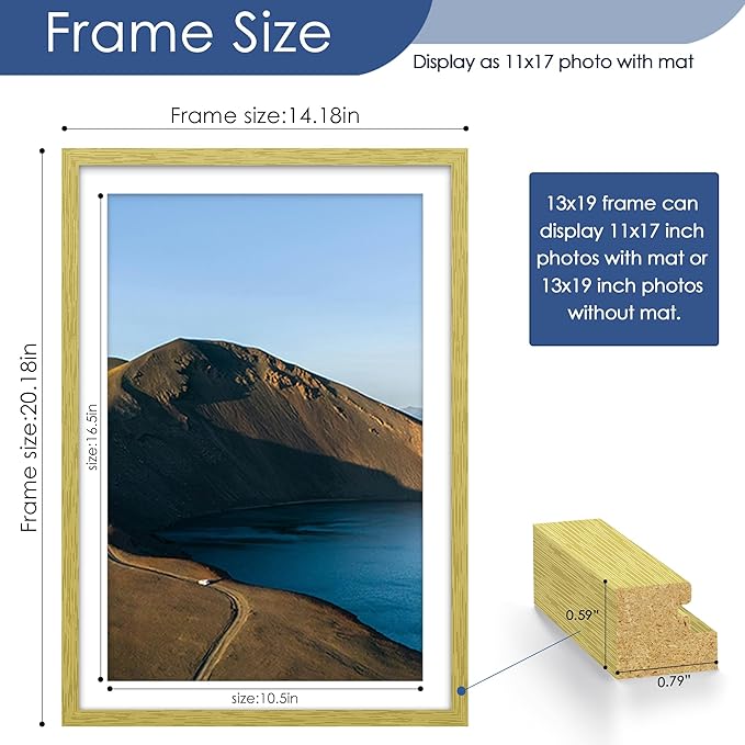 PEALSN 13x19 Picture Frame Set of 6, Display Pictures 11x17 with Mat or 13 x 19 without Mat for Wall Mounting Display, Poster Frames Collage for Wall Decor, Gold