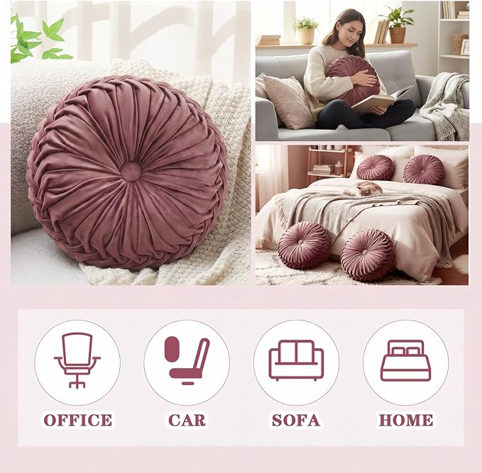 Drydiet 2 Pcs Round Throw Velvet Pillows Decorative Pleated Throw Pillows Diameter Accent Pumpkin Boho Chair Cushion for Couch Sofa Home Decoration (Dusty Rose,15'')