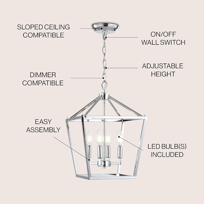 JONATHAN Y 12" Chrome Lantern Pendant Light, 1-Light Pagoda Style Metal Cage Farmhouse Hanging Ceiling Fixture for Kitchen Island, LED Bulb Included (JYL7436C)
