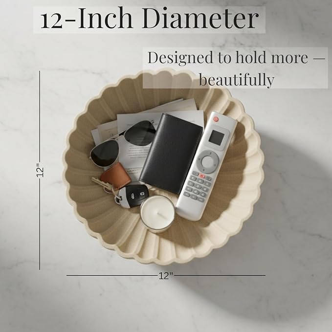 Large 12 Inch Fruit Bowl Handcrafted | Decorative Ceramic Bowl | Decorative Bowl for Keys & Entryway Decor | Modern Home Decor Centerpiece | Sand Beige