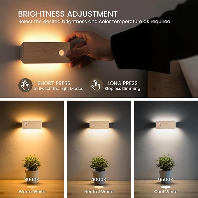 Battery-Operated Motion Sensor Night Light, Magnetic 3-Color Dimmable Motion Sensor Closet Night Light, for Bedroom, Hallway, Kitchen & Stairs