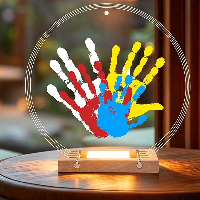 Bixinyo Family Handprint Kit with Light, Baby Hand and Footprint Kit, DIY Craft Keepsake, Family Gifts for Mom, New Parents, Mother's Day, Adoption, Baby Shower Gifts for Boys & Girls (Round, Nature)