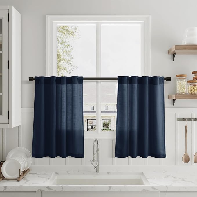Nanspring Denim Blue Linen Cafe Curtains Linen Kitchen Curtain 24 Inch Length 2 Panels Semi Light Filtering Short Tier Drape with Back Tab Rod Pocket for Small Windows Cafe Bathroom Over Sink 26Wx24L