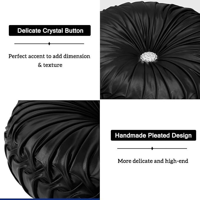HIG Set of 2 Handcrafted Black Ruched Round Throw Pillows – 14.5’’ Metallic Leather Decorative Pillows with Soft Polyester Filling for Couch, Bed, Living Room, Bedroom, or Dorm