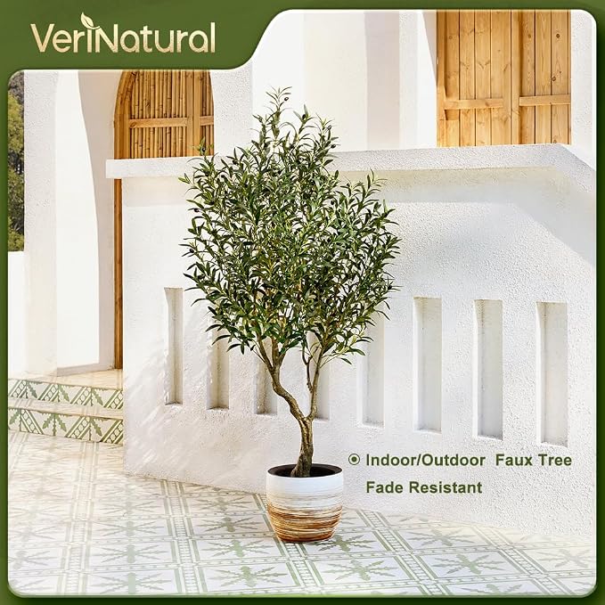 Artificial Olive Tree 6FT Fake Plants Indoor - UV Resistant Faux Olive Tree in Black Pot, Outdoor Tall Faux Silk Tree - Fake Trees for Modern Home Decor,Living Room, Office, Patio, Balcony, VN154