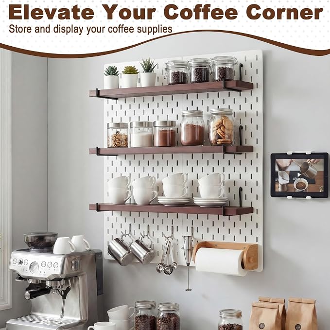 Novabright 4 Pcs Walnut Color Pegboard Shelves Set with Metal Brackets Hooks 11.8 x 4'' Wall Wooden Pegboard Shelving Heavy Duty Accessories for Crafts Office Garage, Compatible with IKEA Skadis