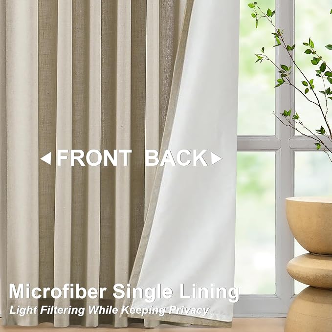 Vision Home Sand Pinch Pleat Light Filtering Curtains with Microfiber Liner 108 inch Linen Blended Textured Privacy Drapes for Living Room Bedroom Back Tabs with Hooks 2 Panels 40"Wx108"L,Camel Beige
