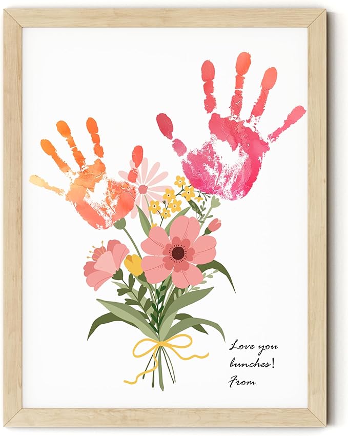 TwoDays Flower Bouquet Handprint Art Craft DIY Kit, Unique Gifts for Mom From Daughter or Son for Mother's Day Birthday Christmas, Gift for Grandma.(12" X 16", With Wood Frame)